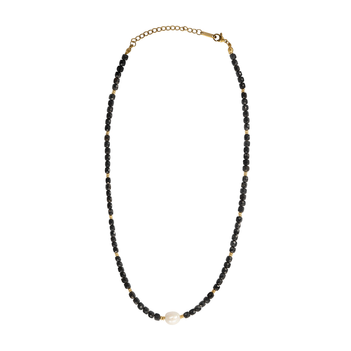 A beaded necklace featuring small black faceted beads separated by tiny gold spacer beads, with a single white pearl accent at the bottom center and a gold chain clasp at the top, shown on a plain white background.