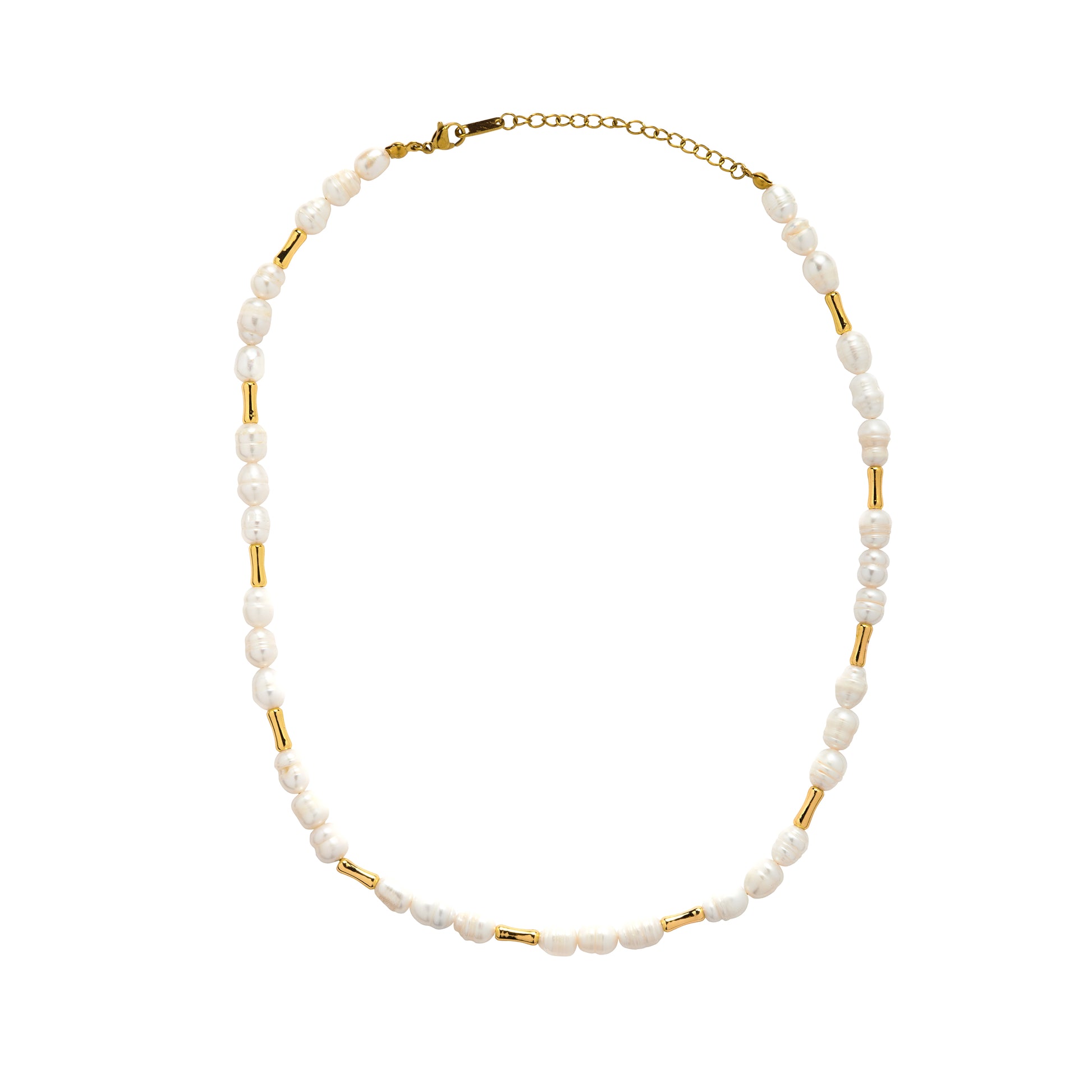 Pearl necklace with gold accents on a white background