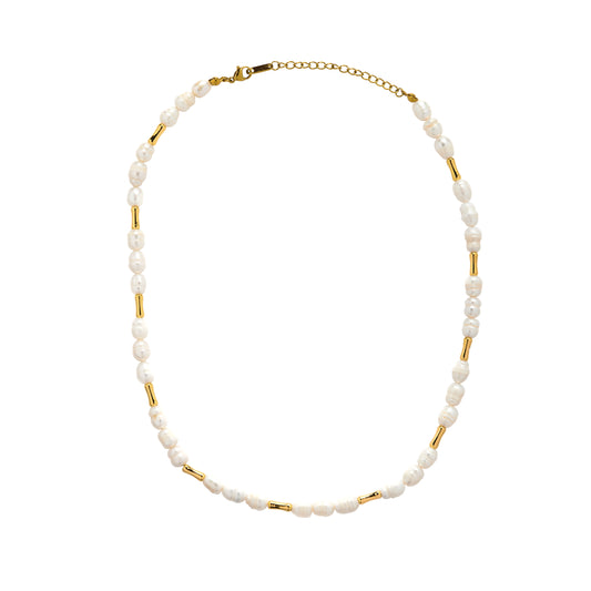 Pearl necklace with gold accents on a white background