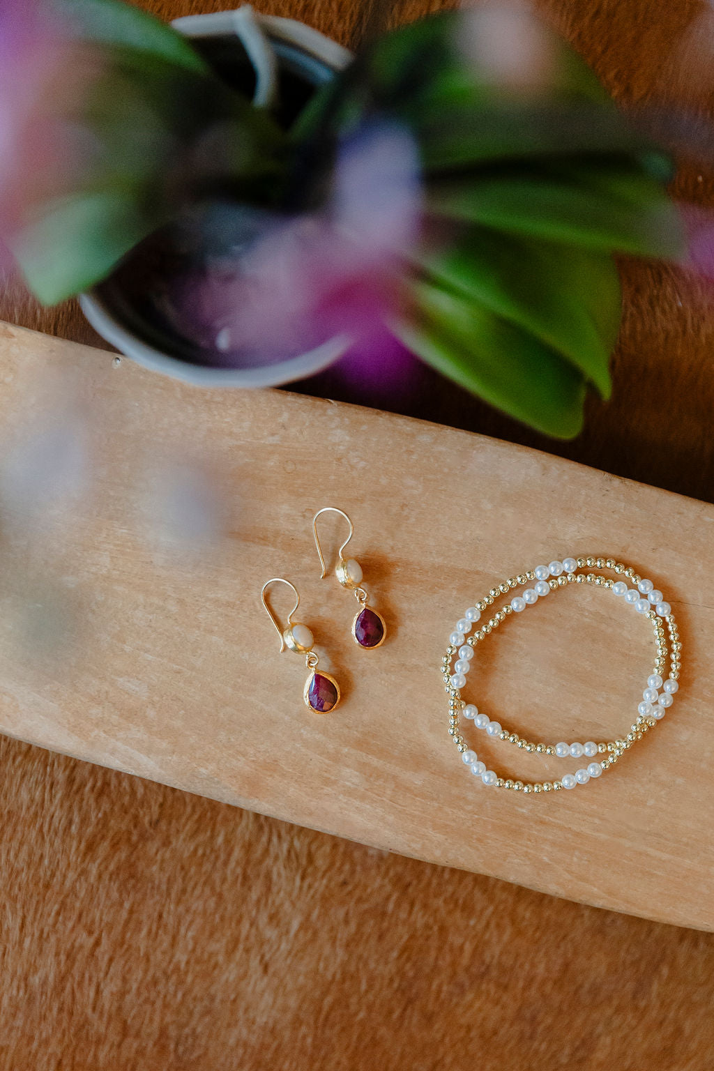Pearl and Garnet Double Stone Earrings