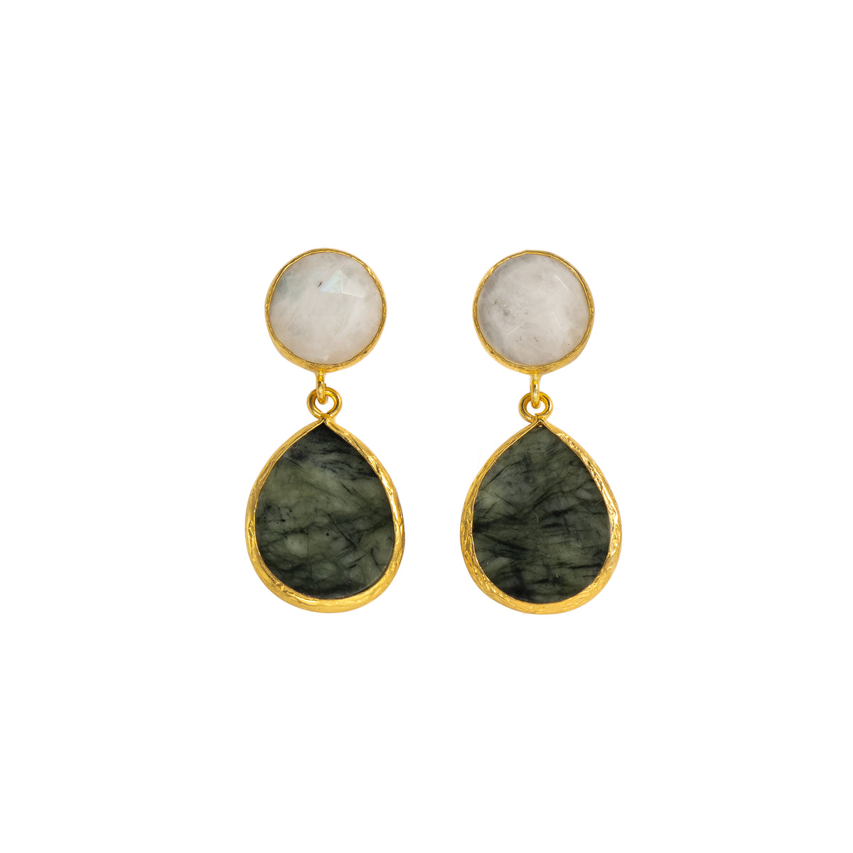A pair of gold drop earrings featuring a round white moonstone stud on the top and a teardrop-shaped dark green stone on the bottom, set in gold bezels against a plain white background.