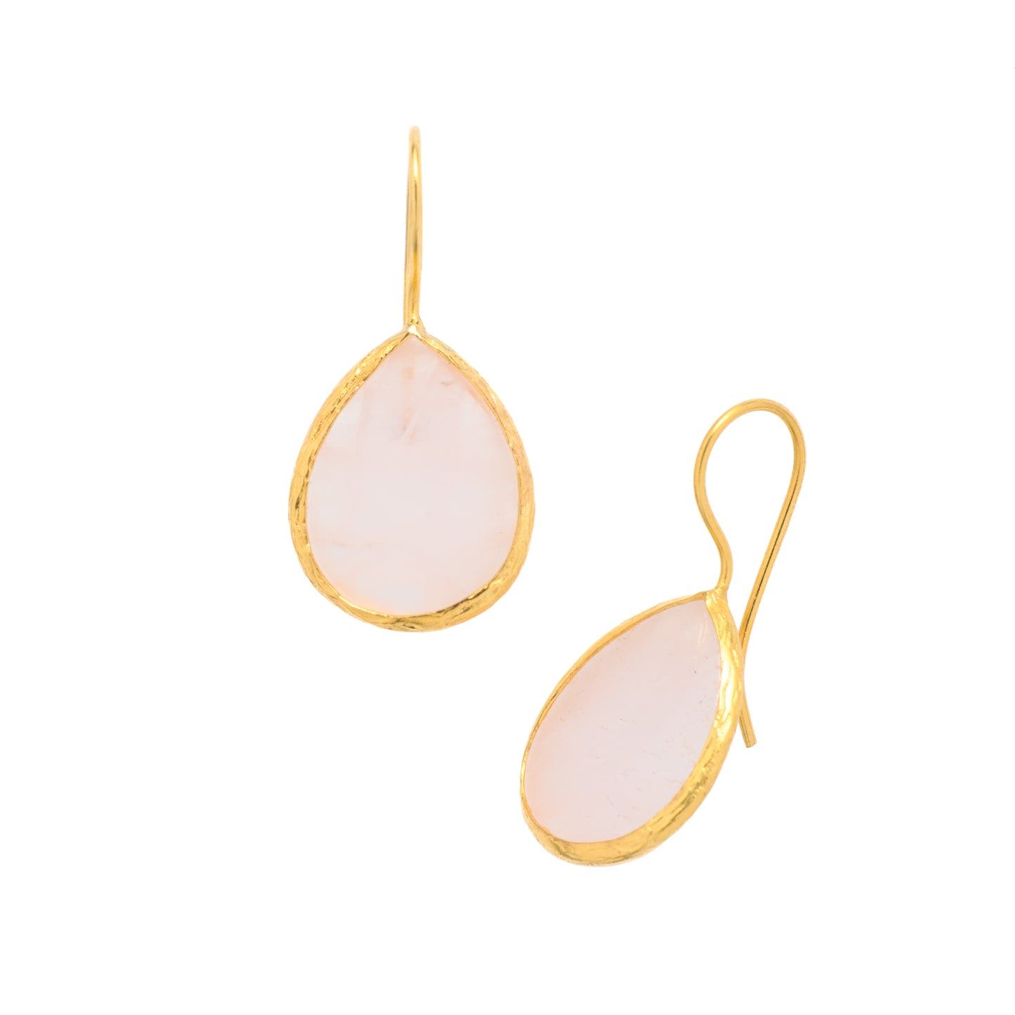 Teardrop-shaped rose quartz earrings with gold frames on a white background