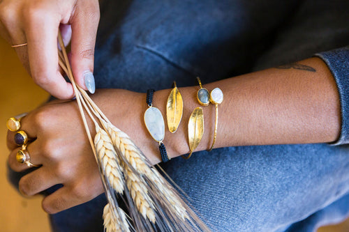 Pearl and Labradorite 2 Stone Squeeze Bracelet 24k Gold Fill