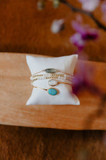 Turquoise and Pearl Two Stone 24k Gold Fill Squeeze Bracelet