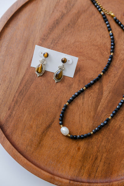 Pearl & Black Onyx Adjustable Bead Necklace