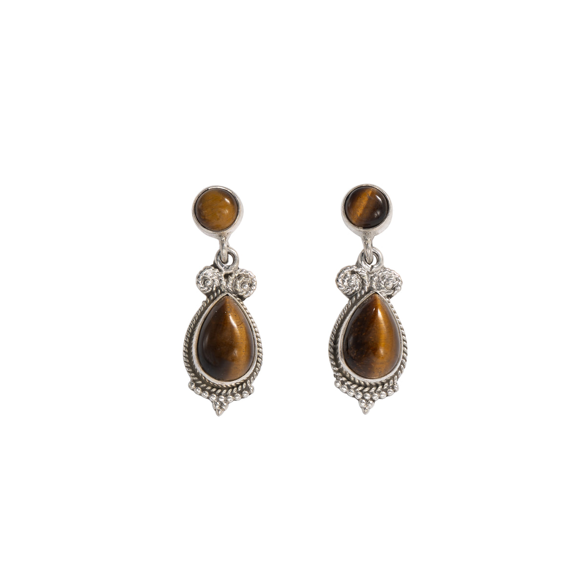 A pair of silver dangle earrings featuring round and teardrop-shaped brown tiger's eye stones, set in ornate silver bezels with small clear stones, shown on a plain white background.