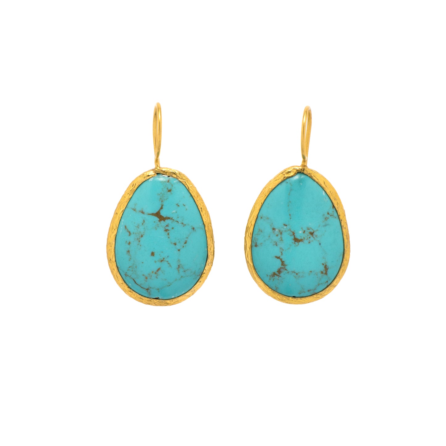Turquoise teardrop earrings with gold frames on a white background