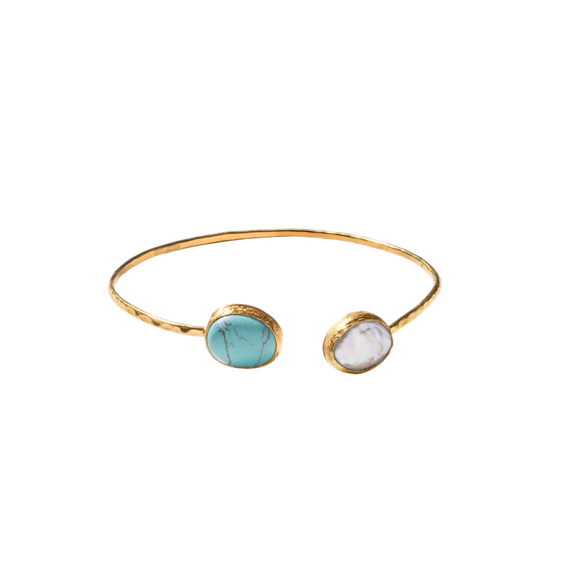 Turquoise and Pearl Two Stone 24k Gold Fill Squeeze Bracelet