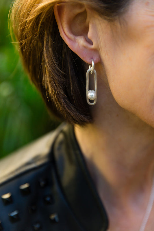 Floating Pearl and Oval Silver Dangle Stud Earrings