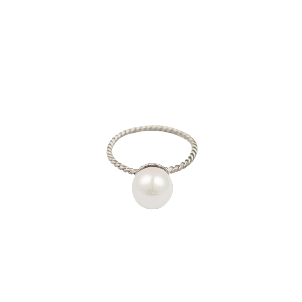 White Pearl & Twisted Sterling Silver Stack Ring