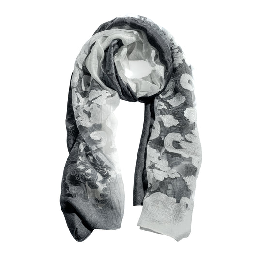 Off White & Gun Metal Gray Silk Scarf