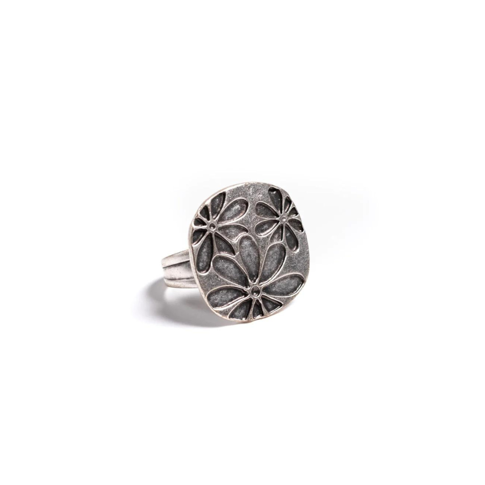 Zinc Silver Flower Stamped Ring