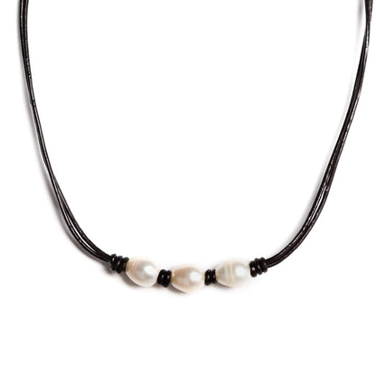3 White Freshwater Pearl and Leather Necklace