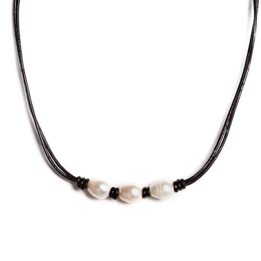3 White Freshwater Pearl and Leather Necklace