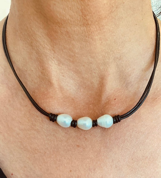 3 White Freshwater Pearl and Leather Necklace