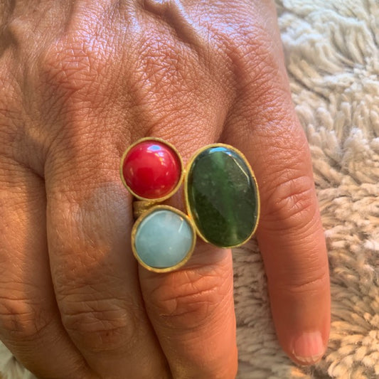3 Stone Blue, Green Quartz and Red Agate Ring