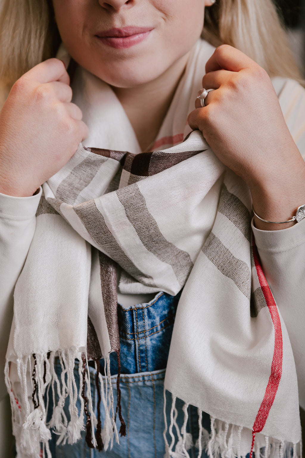 Scarf - Cotton & Silk - Beige Red and Black