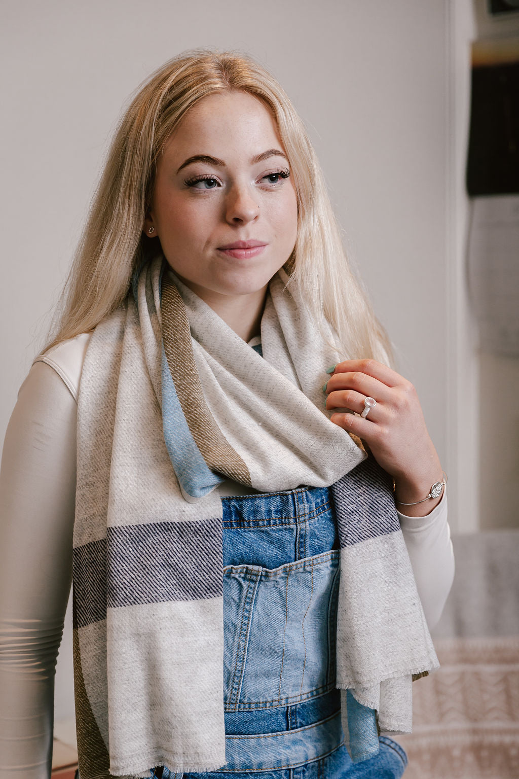 Scarf - Pashmina - Beige, Brown and Sky Blue