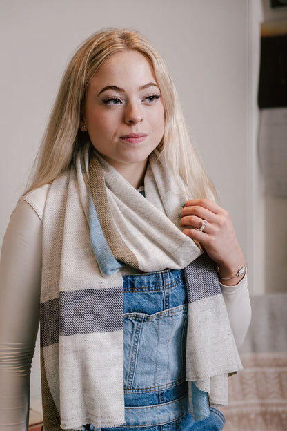 Scarf - Pashmina - Beige, Brown and Sky Blue