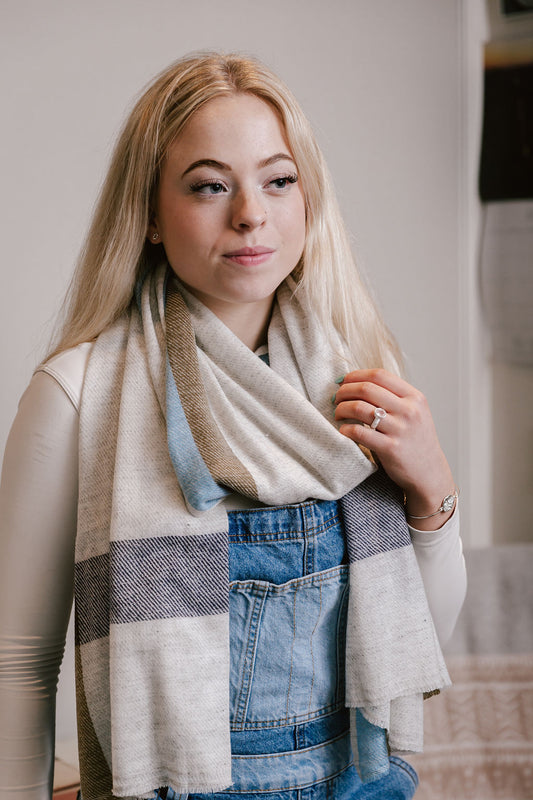 Scarf - Pashmina - Beige, Brown and Sky Blue