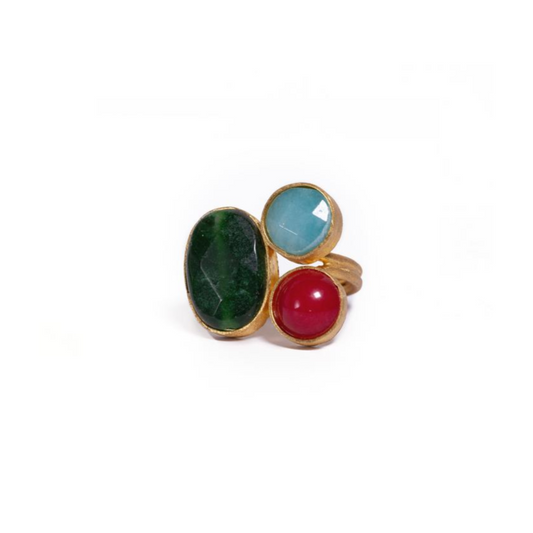3 Stone Blue, Green Quartz and Red Agate Ring