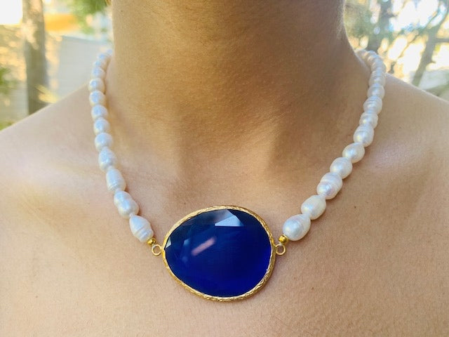 Blue Quartz and Pearl Statement Necklace