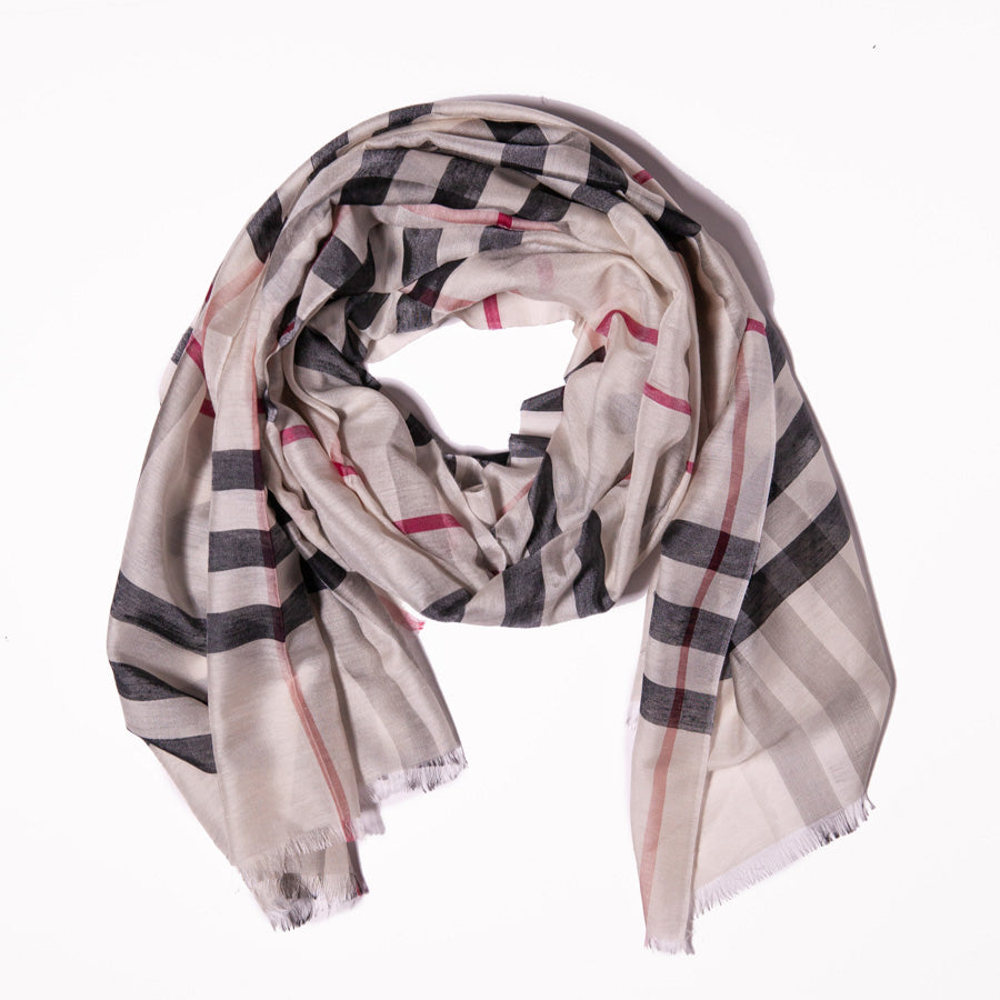 Scarf - Cotton & Silk - Beige Red and Black