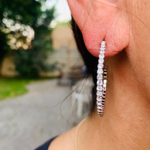 Crystal Half Hoop Earrings Silver Medium