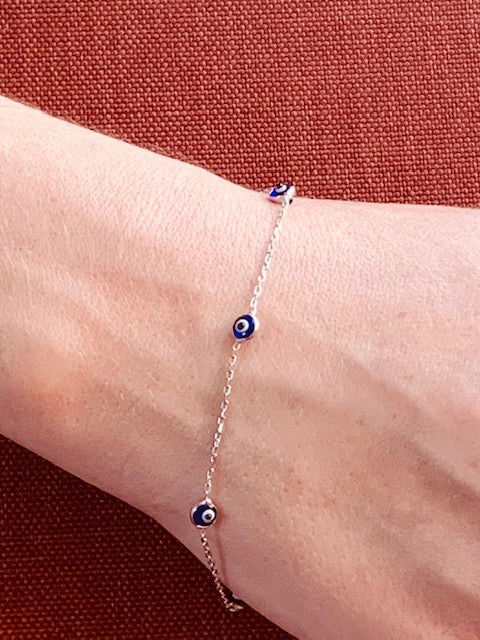 Bracelet - Silver -  Light Blue Small Evil Eye Beads