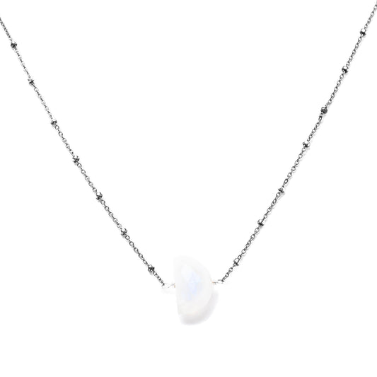 Moonstone Pendant 1/2 Moon Shape Oxidized Silver Chain Necklace