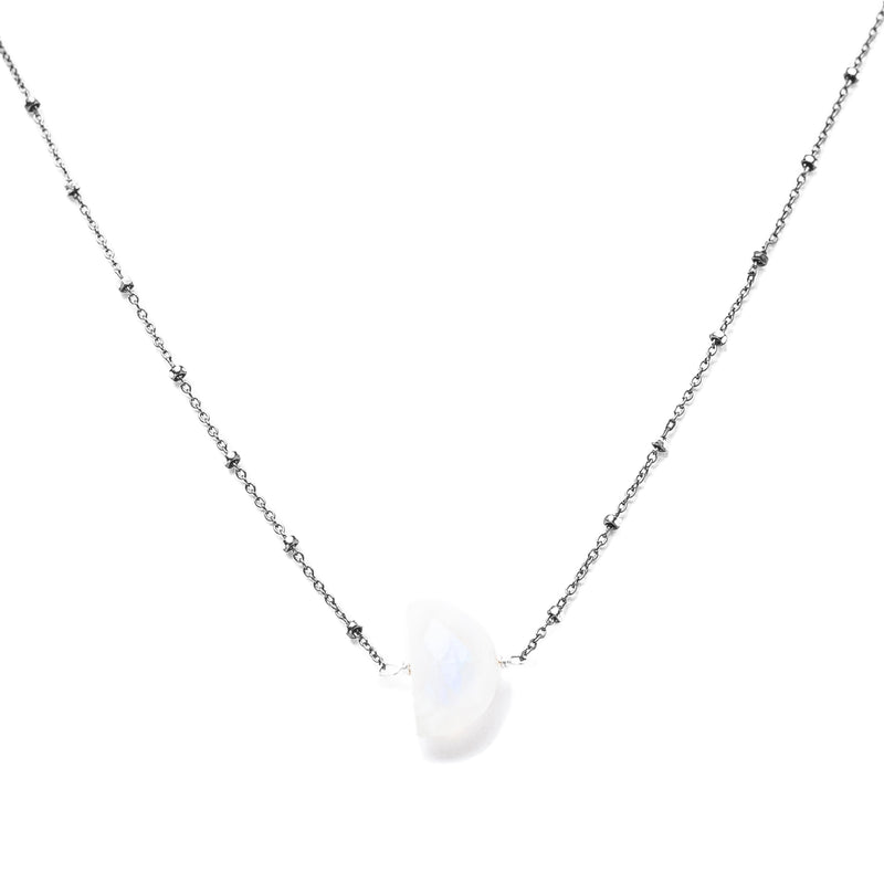 Moonstone Pendant 1/2 Moon Shape Silver Chain Necklace