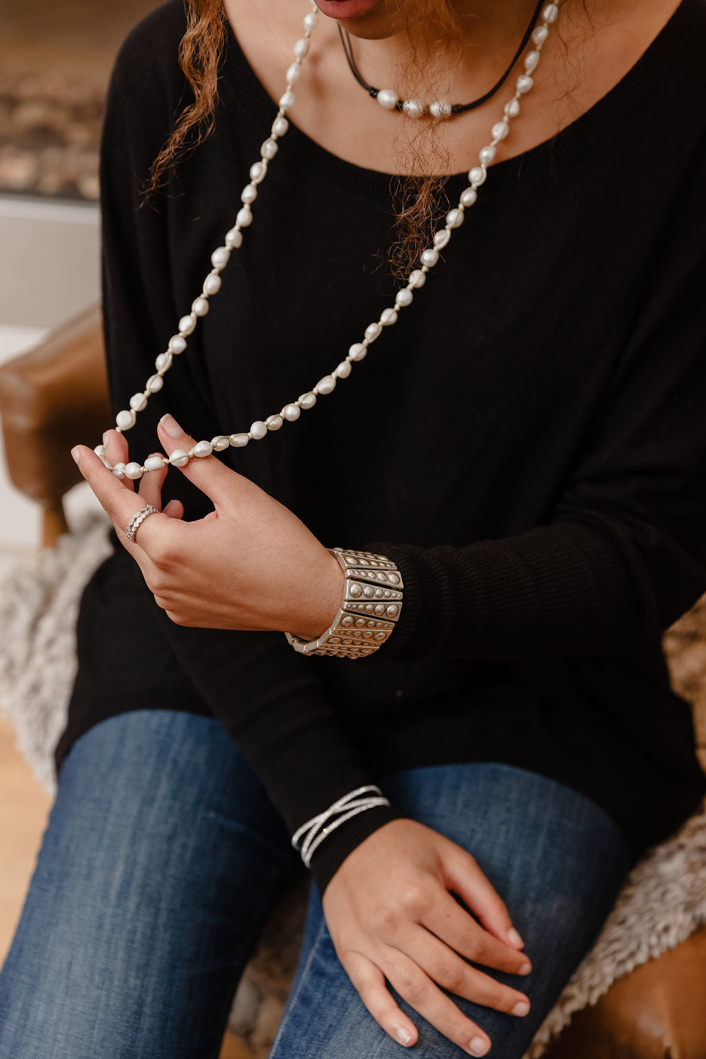 3 White Freshwater Pearl and Leather Necklace