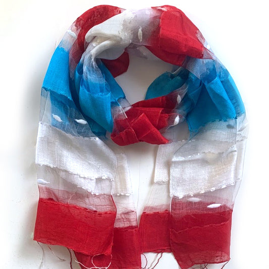 Scarf - Silk - Red, White, Blue & Small Felt Decor