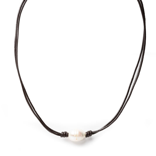 White Freshwater Pearl and Leather Necklace