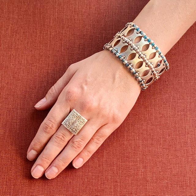 Zinc Silver Blue Crystal and Geo Bracelet